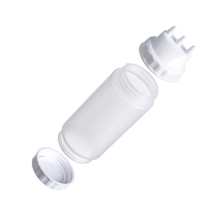 Емкость для соуса  500 мл. d=70 мм. h=200 мм. с 2 крышками 3 носика, широкая прозрачная, крышки белые GP /1/96/