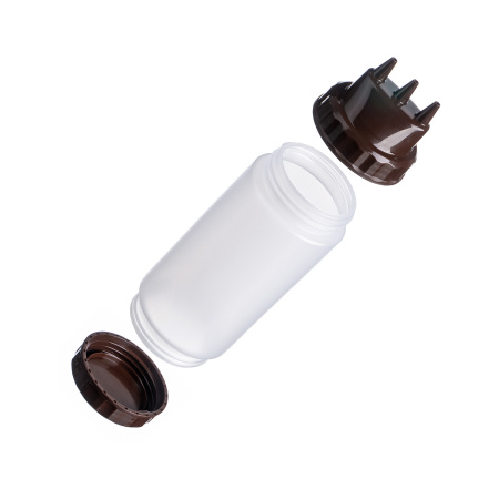 Емкость для соуса  500 мл. d=70 мм. h=200 мм. с 2 крышками 3 носика, широкая прозрачная, крышки коричневые GP /1/96/